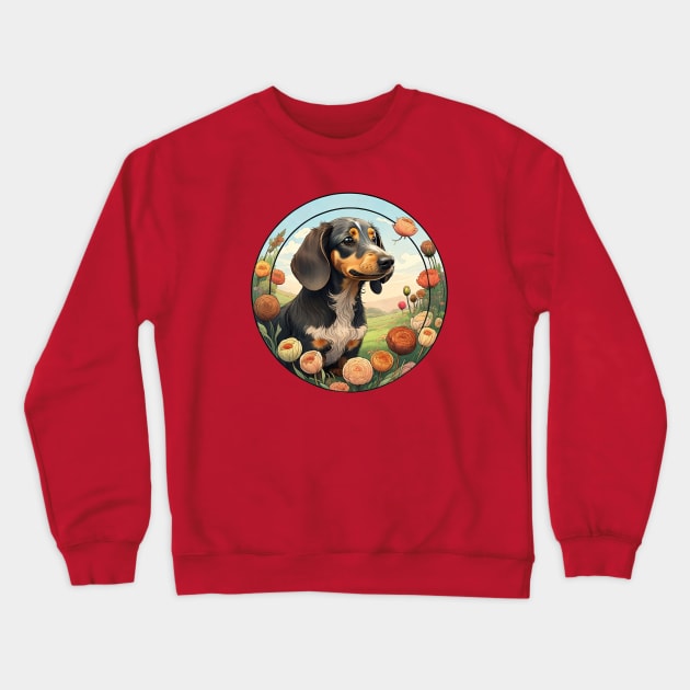 Longhaired Dachshund Spring Flowers Crewneck Sweatshirt by Pet And Petal